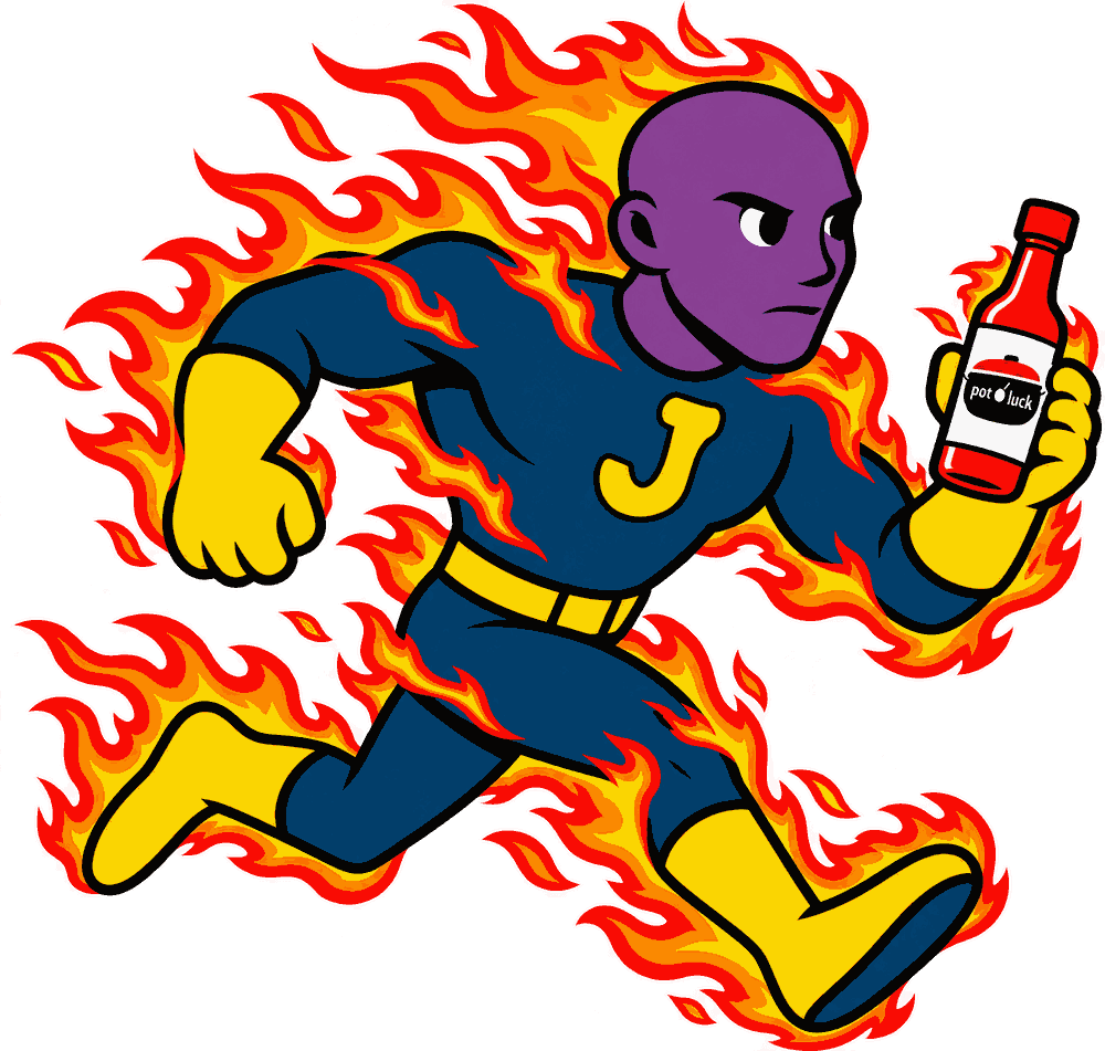 Crazy Jumper mascot running with a Pot O' Luck hot sauce bottle, wreathed in flames