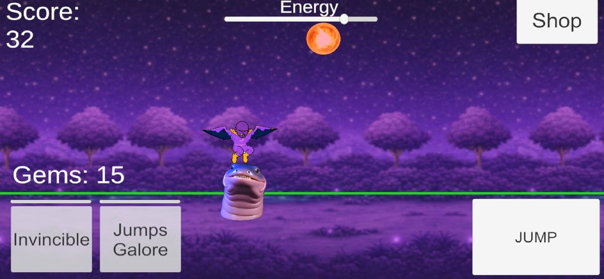 Crazy Jumper gameplay screenshot showing the character jumping off a monster's head